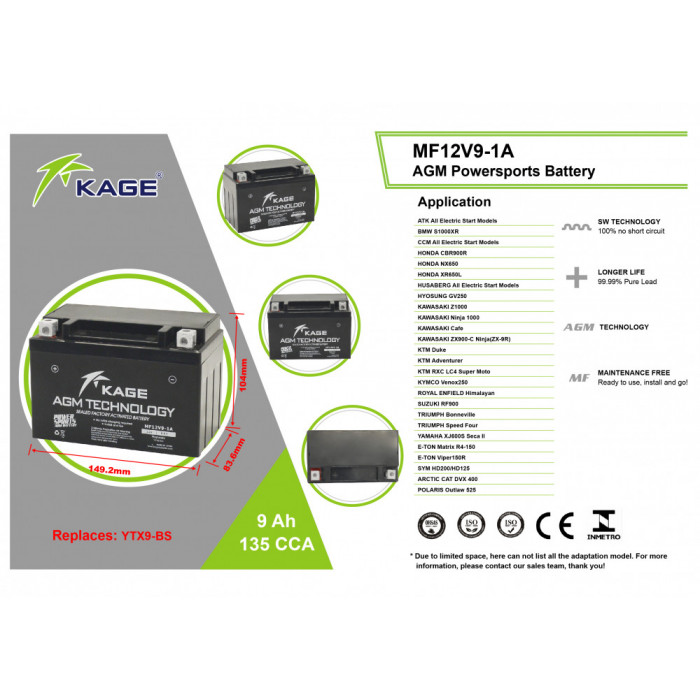Аккумулятор KAGE YTX9-BS