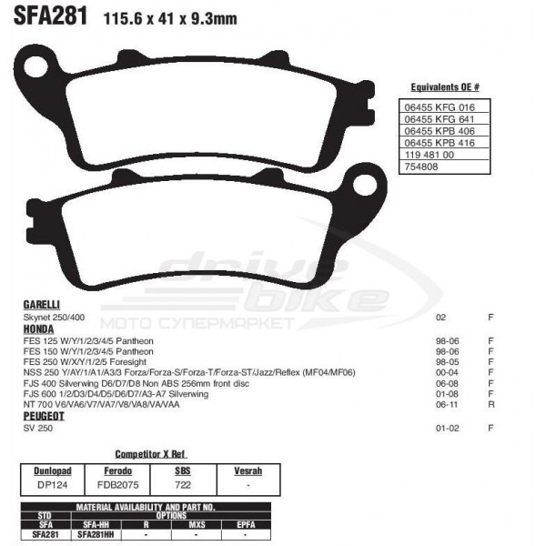 Тормозные колодки для скутера SFA281HH