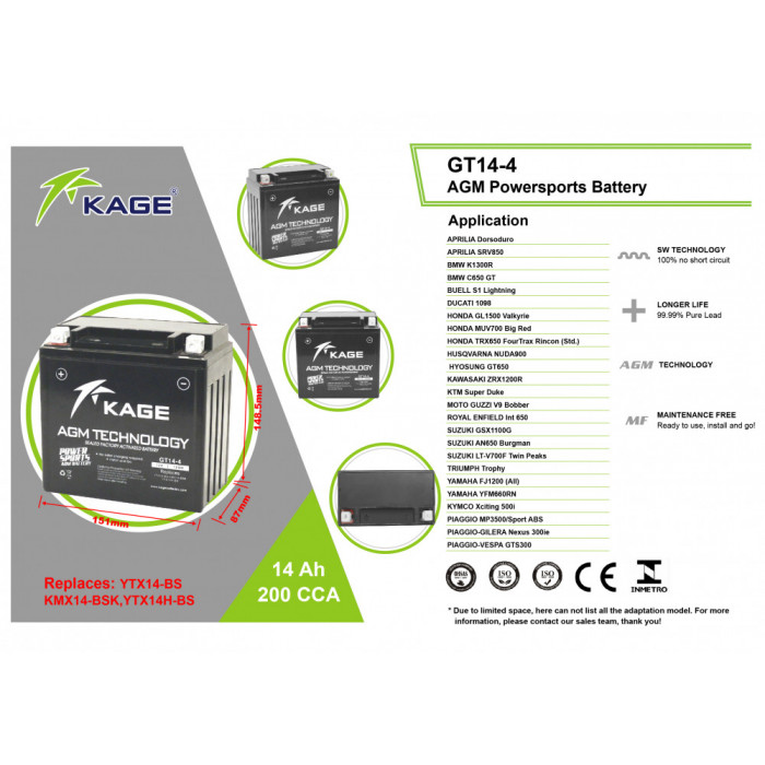 Аккумулятор KAGE YTX14-BS, YTX14H-BS