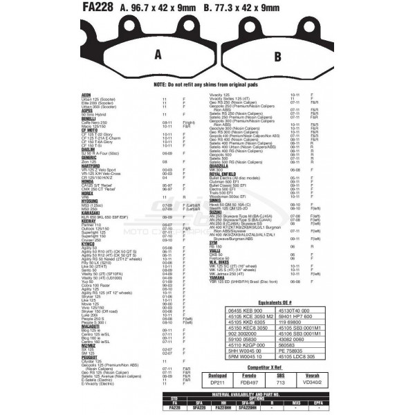 Тормозные колодки для скутера SFA228