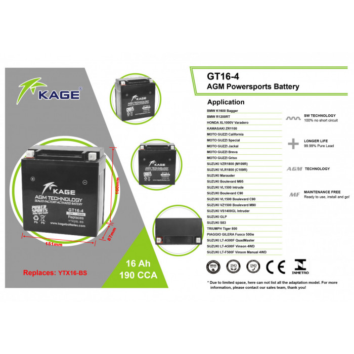 Аккумулятор KAGE YTX16-BS