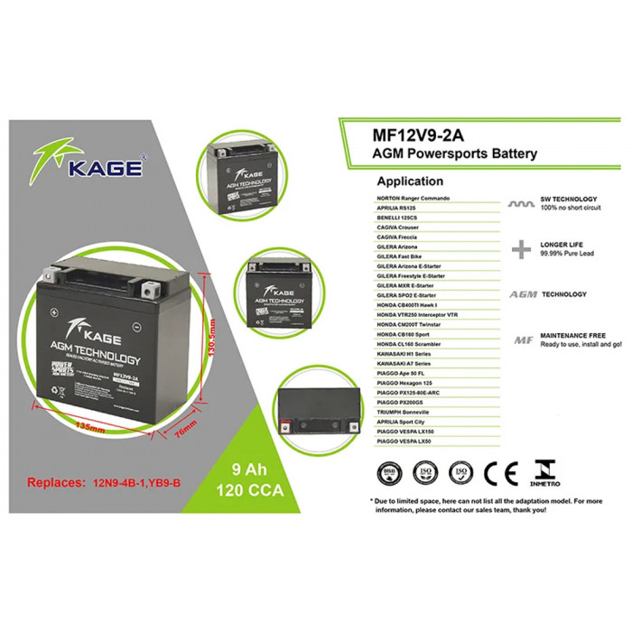 Аккумулятор KAGE AGM 12N9-4B-1/YB9-B/YB9A-A