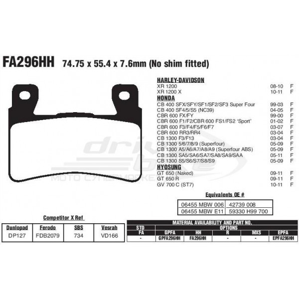 Тормозные колодки FA296HH DOUBLE H Sintered