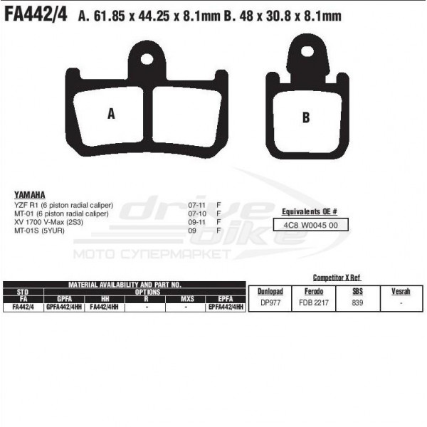 Тормозные колодки FA442/4 (4 шт. в комплекте)