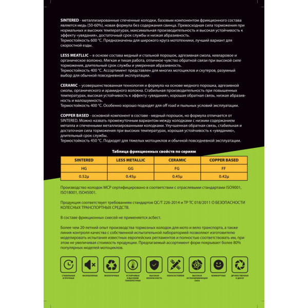 Тормозные колодки MCP аналог FA419HH (SINTERED)
