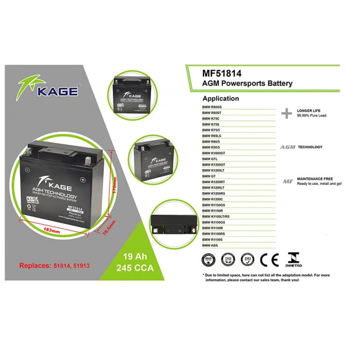 Аккумулятор KAGE AGM 51814, 51913