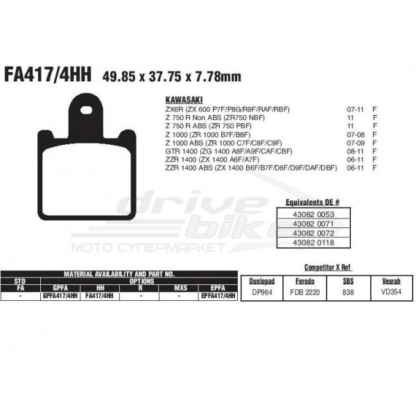 Тормозные колодки FA417/4HH DOUBLE H Sintered (4 шт. в комплекте)