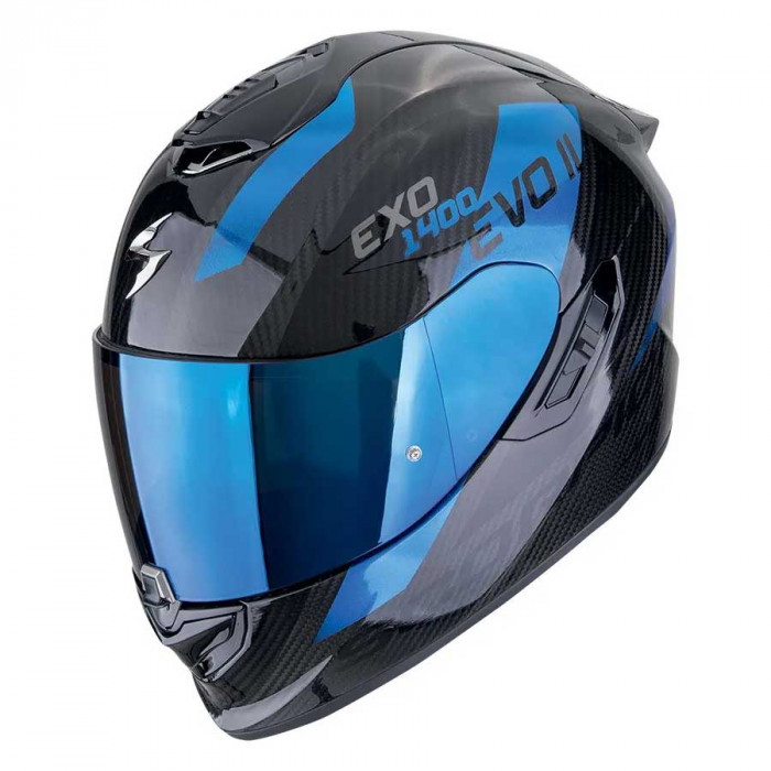 Мотошлем Scorpion EXO EXO-1400 EVO II CARBON AIR PLATTED, цвет Карбон/Синий, Размер 2XL