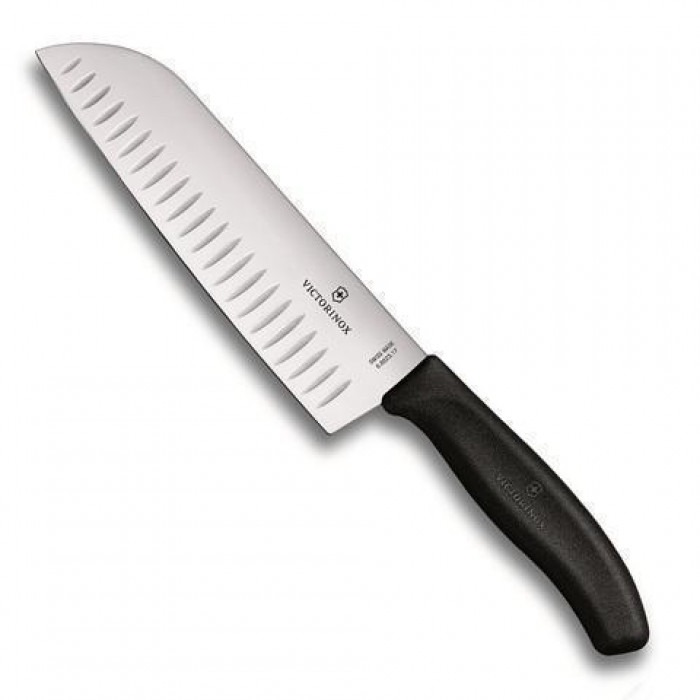 Нож Victorinox сантоку, лезвие см рифленое, черный, в картонном блистере