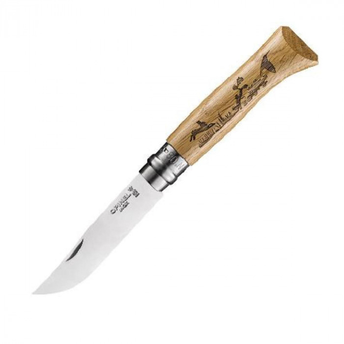 Нож Opinel №8, нержавеющая сталь, рукоять дуб, гравировка заяц