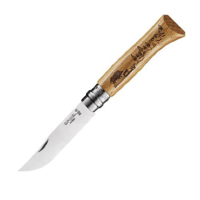 Нож Opinel №8, нержавеющая сталь, рукоять дуб, гравировка кабан.
